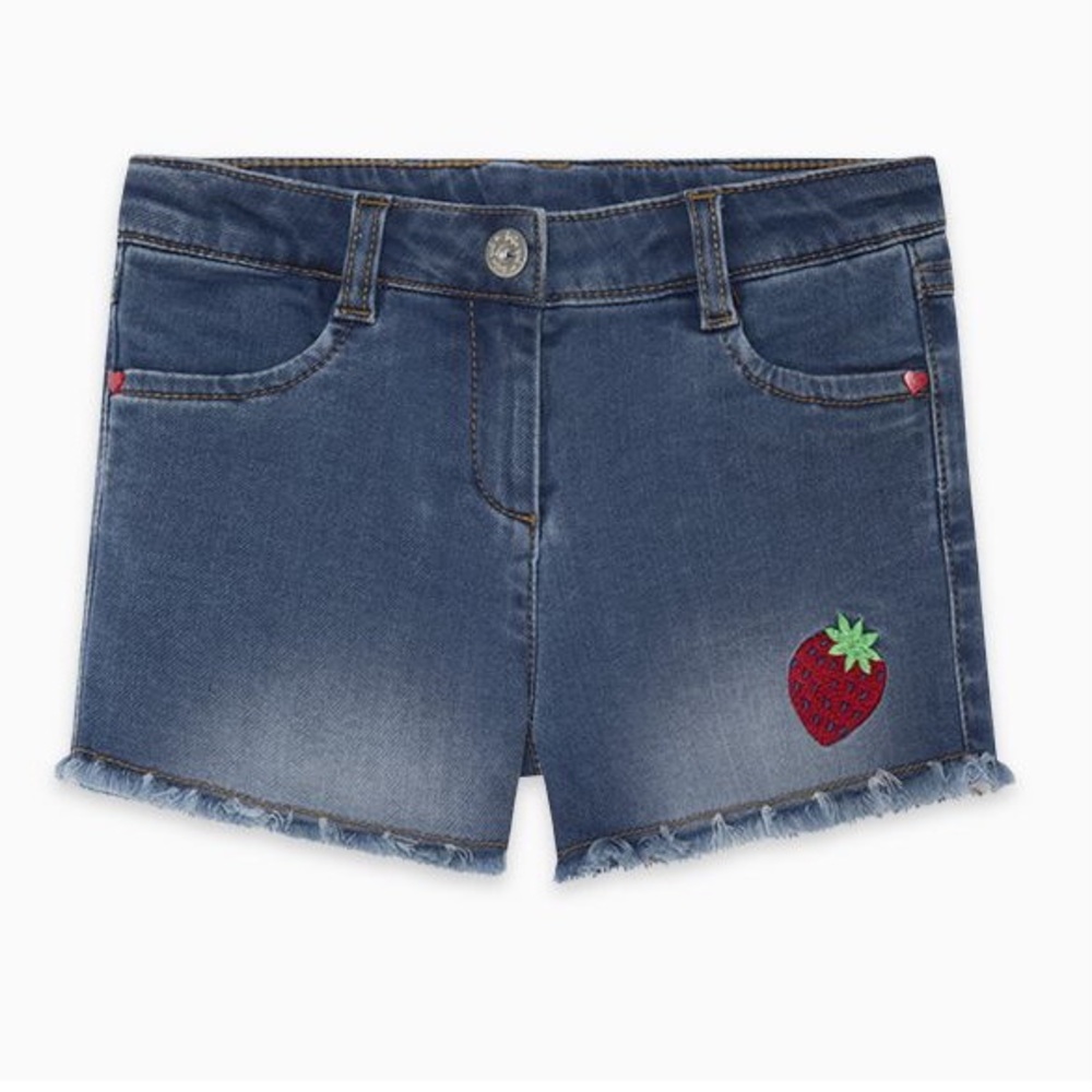 Girls' Blue Denim Shorts with Strawberry Patch